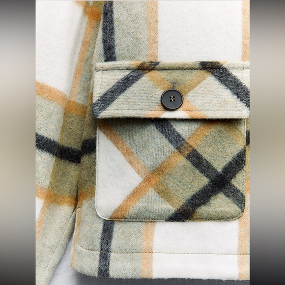 ZARA Patch Pocket Plaid Overshirt Flannel Shacket Long Sleeve White and Green M - Picture 5 of 5